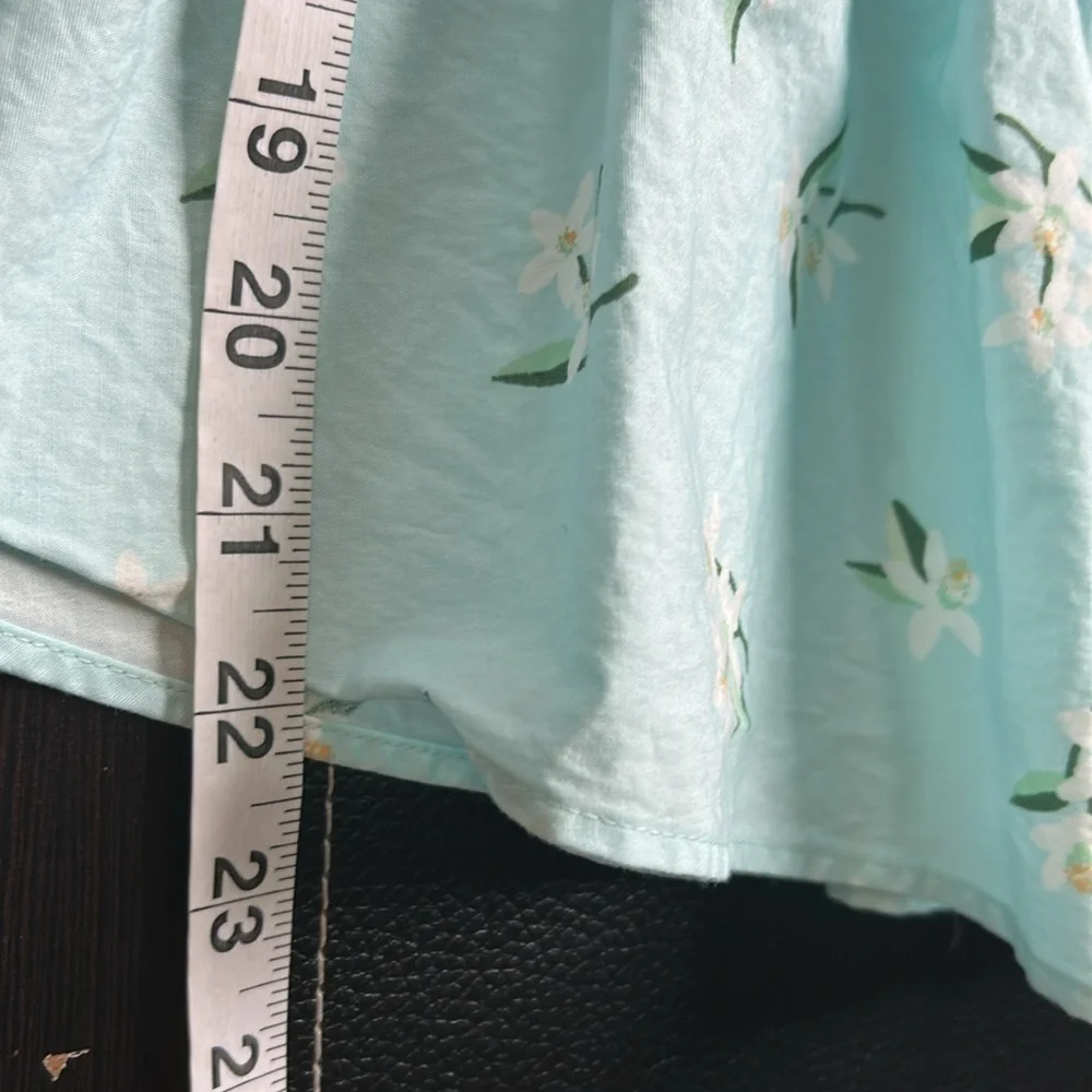 Kate Spade Whimsy Floral Puff sleeve Top Aqua White Flowers Shirt Ties Sz XL